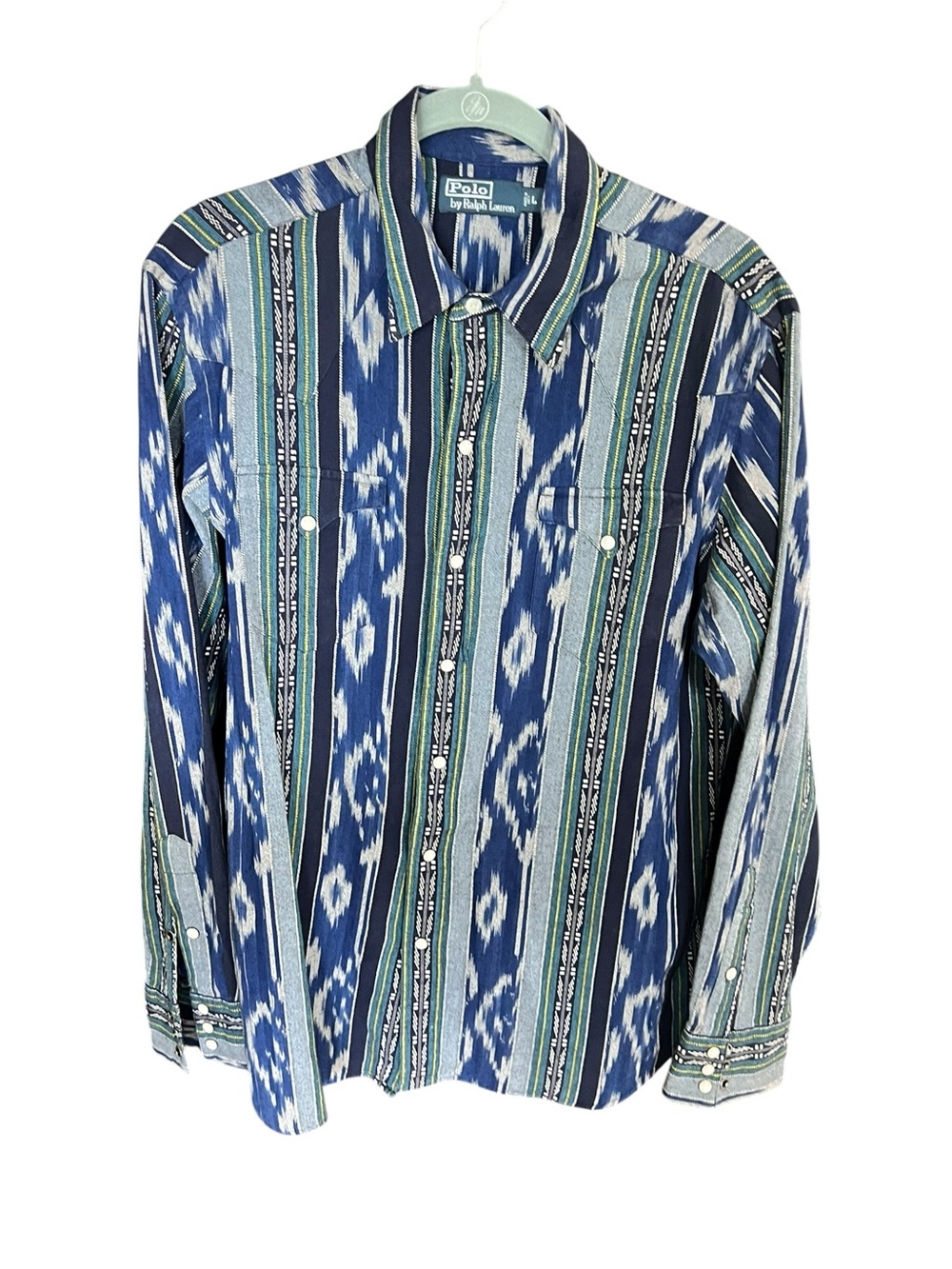 Polo Ralph Lauren Blue Southwestern Ikat Pearl Snap Western Shirt L like New!